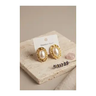 316L Gold Renk Gold Renk Vintage Beyaz İncili Model Küpe