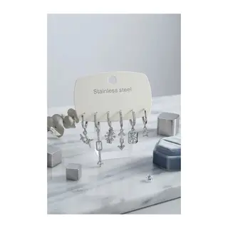 316L Çelik Gümüş Renk Geometrik Figürlü Kadın Küpe Seti