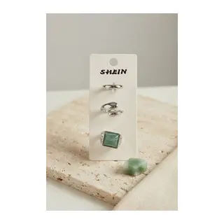 Gümüş Renk Pirinç 3'lü Yeşil Taşlı Detaylı Vintage Kadın Yüzük Kombini BYK4293