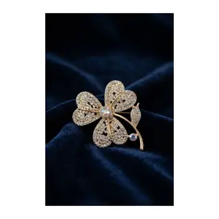 Gold Renk Zirkon Taşlı Yonca Model Broş