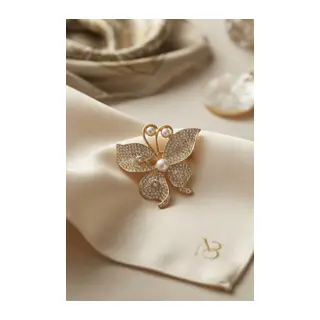 Zirkon Taşlı Gold Renk Kelebek Model Broş
