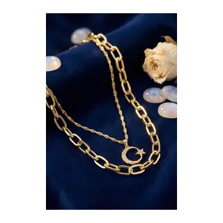 Gold Renk Pirinç Ay Yıldız Model Kombin Kadın Kolye
