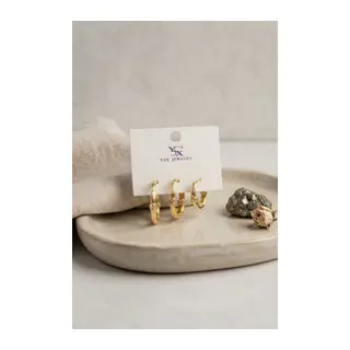 Pirinç Gold Renk Kare Model 3'lü Küpe Seti
