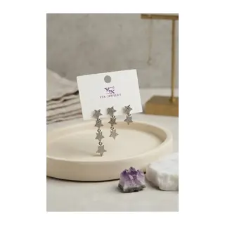 Pirinç Gümüş Renk Zirkon Taşlı Sallantılı Yıldız Model Kadın Küpe Seti