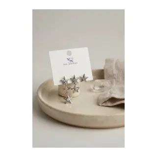 Gümüş Renk Pirinç Yıldız Model Sallantılı Kadın Küpe Seti