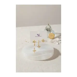 Pirinç Gold Renk Zirkon Taşlı Kutup Yıldızı Model Kadın Küpe Seti