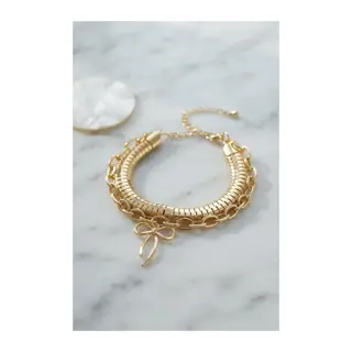 Pirinç Gold Renk Yılan Zincir Model Fiyonk Detaylı Kadın Bileklik Kombini