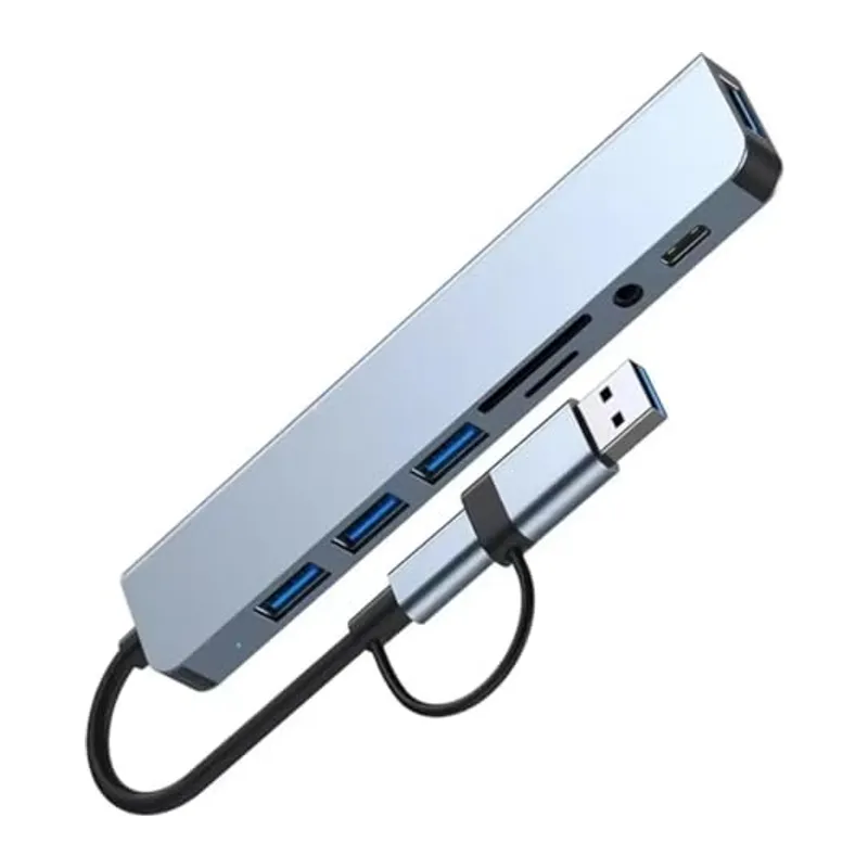 1060 8 in 2 USB-C & USB 3.0 Hub Çoklayıcı USB, Type-C, SD/TF ve Aux Çevirici x USB 3.0: 5Gbps ultra hızlı veri transferi. Klavye, mouse ve yazıcılar için stabil bağlantı.