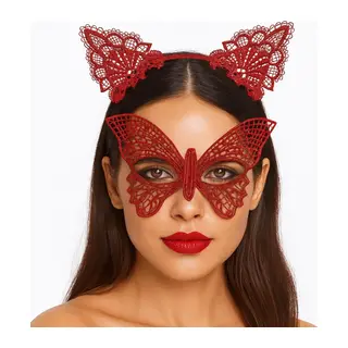 Gösterişli Kırmızı Dantel Maske ve Taç Seti 7 No – Masquerade ve Davetler için