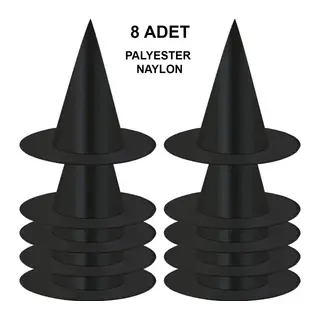 8 Adet Siyah Cadı Şapkası – Yetişkin & Çocuk Kostüm Aksesuarı