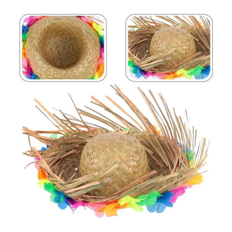 Naturel Renk Püsküllü Örme Hasır Hawaii Luau Aloha Şapka 13x36 cm