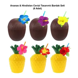 Ananas & Hindistan Cevizi Tasarımlı Pipetli Bardak Seti (6 Adet)