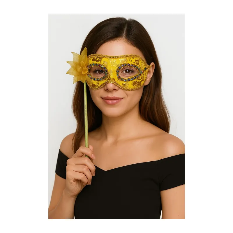 Lüks Taşlı Saplı Maskeli Balo Maskesi Altın Renk 35 cm