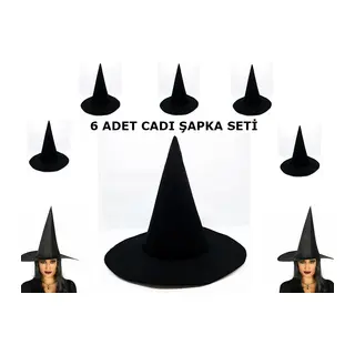Siyah Cadı Şapkası Keçe Yetişkin Boy 6 Adet