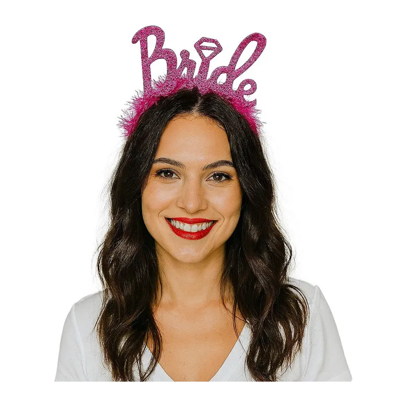 Fuşya Renk Bekarlığa Veda İtalik Yazı Alyanslı Bride Taç