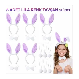 Lila Tavşan Sahne Seti 6'lı Set Taç Papyon Kuyruk