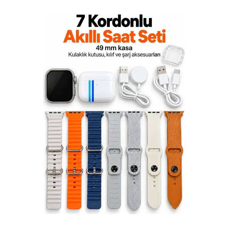 Akıllı Saat Bluetooth Aramalı ve 7 Kordonlu Set