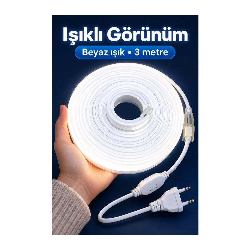 Beyaz Işıklı Şerit Aydınlatma 3 Metre Fişli Model