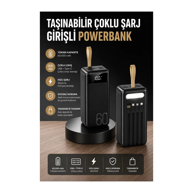 Powerbank 60.000 MAH 4 Portlu Uzun Şarj Süreli Dijital Göstergeli