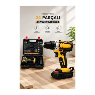Metal Dişli 24W Akülü Matkap -Çift Bataryalı ve LED Çalışma Işığı ile Tam Set