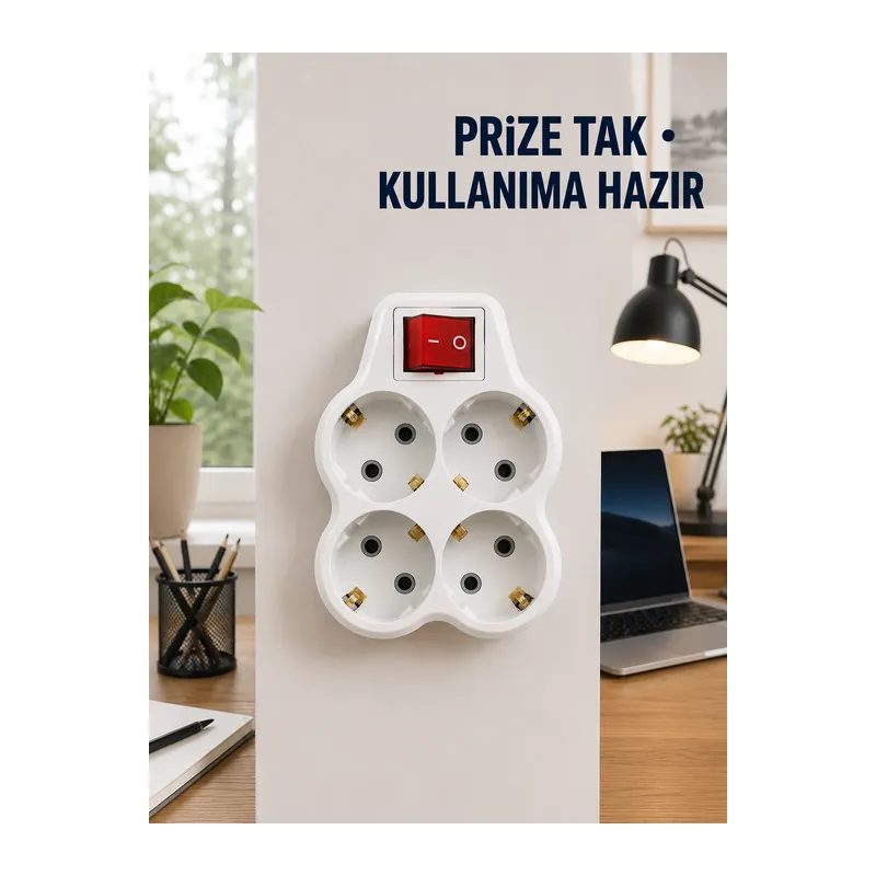 Anahtarlı 4’lü Priz Adaptörü Direkt Prize Takılan Kompakt Priz Çoklayıcı