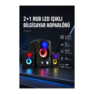 2+1 RGB LED Işıklı Güçlü Bas Sistemli Bilgisayar Hoparlörü