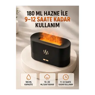 180 ML Alev Efektli Aroma Difüzörü Ultrasonik Buharlı Aromaterapi Cihazı