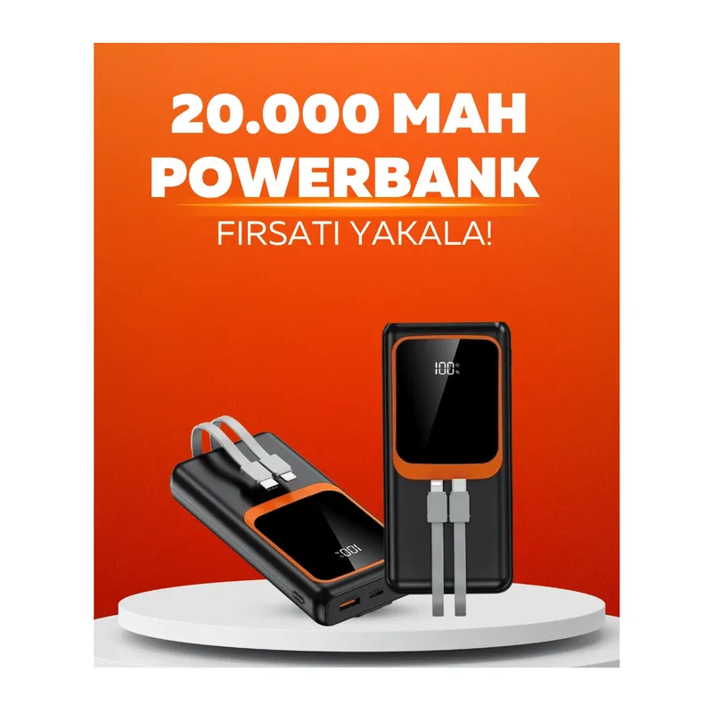 20.000 mAh Powerbank – 22.5W Hızlı Şarj, Çok Kablolu, Dijital Göstergeli