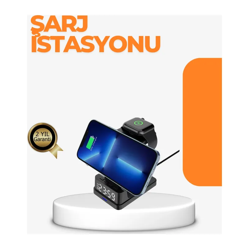 4’ü 1 Arada Kablosuz Şarj İstasyonu LED Saat Ekranlı, Akıllı Güvenlik Koruması