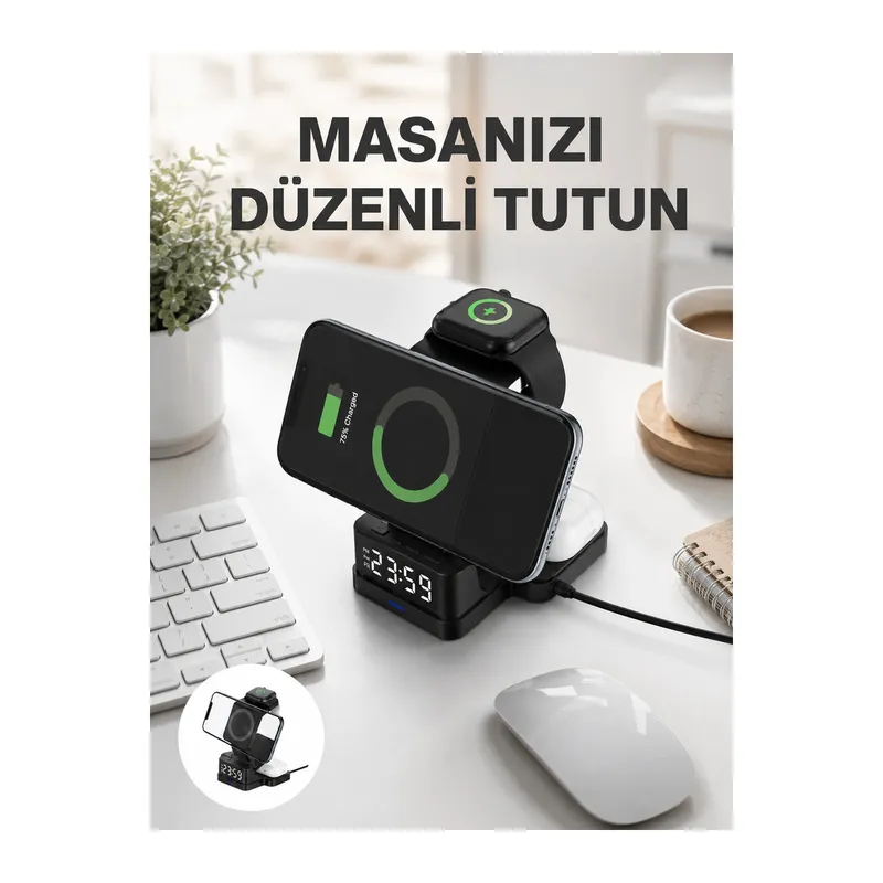 Dijital Saatli Kablosuz Şarj İstasyonu – 3’ü 1 Arada Uyumlu Hızlı Şarj ve LED Ekran Yeni Nesil