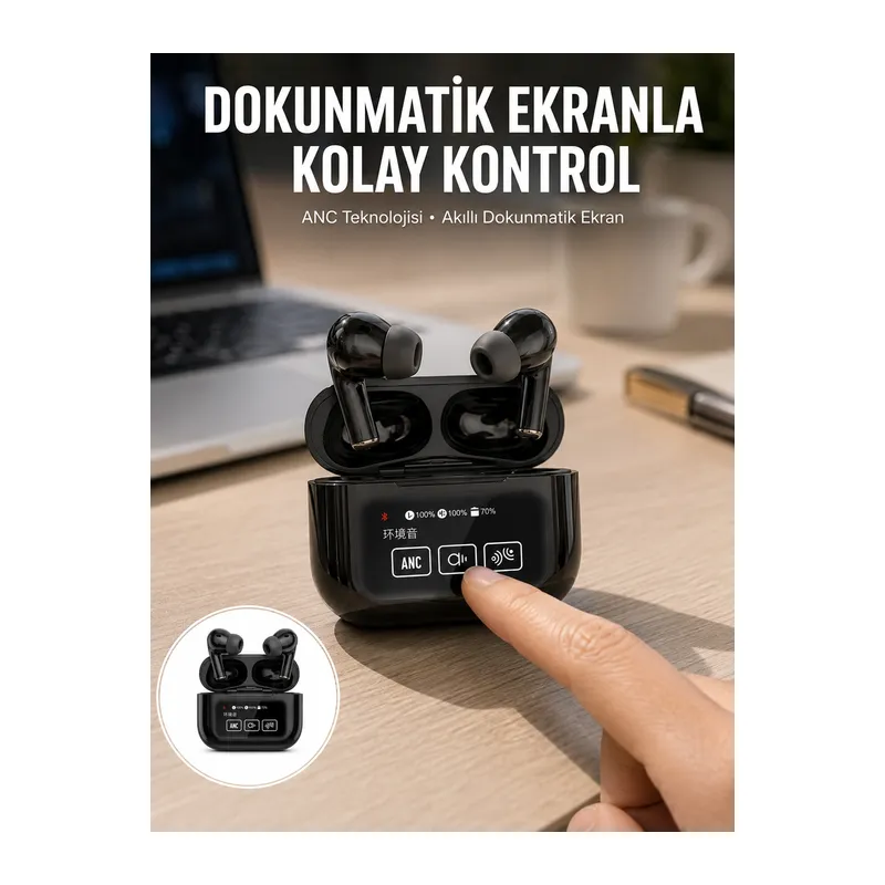 Yeni Nesil ANC Özellikli Çağrı Cevaplayan Dokunmatik Ekranlı Bluetooth Kulaklık Siyah Yeni Nesil