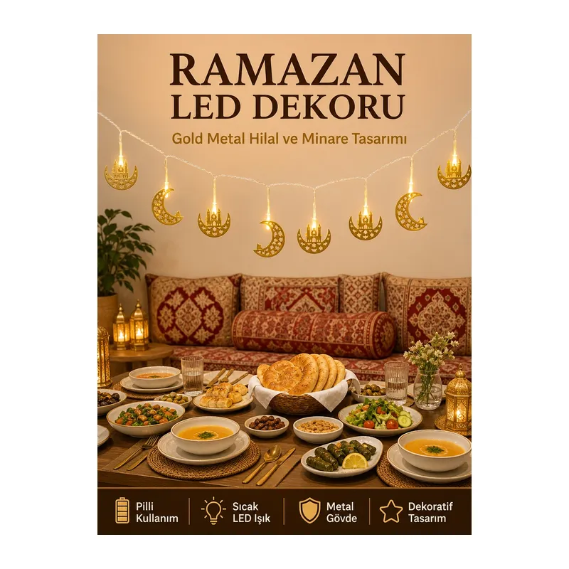 Minareli Hilal LED Işık Gold Metal Gövdeli Pilli Ramazan Dekoru