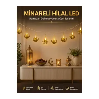 Dekoratif Minareli Hilal LED Işık Metal Gövdeli Ramazan Aydınlatma