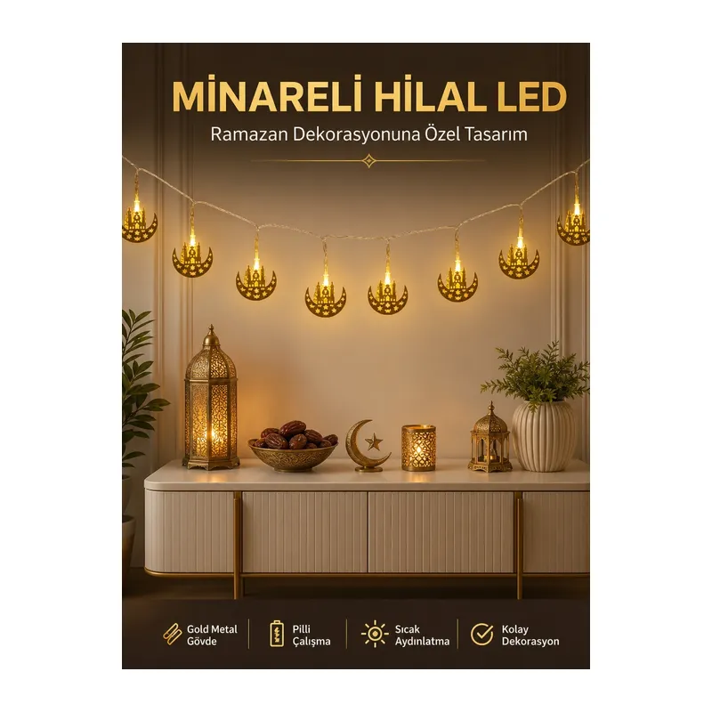 Dekoratif Minareli Hilal LED Işık Metal Gövdeli Ramazan Aydınlatma