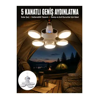 Kamp Lambası Işıldak Beyaz Işık Güneş Enerjili Solar Aydınlatma 5 Kanatlı Katlanabilir Yeni Nesil