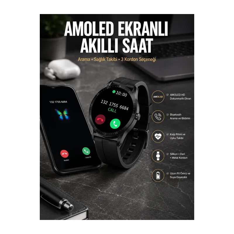 Akıllı Saat Amoled Ekran 3 Kordonlu NFC Ve GPS Uyumlu