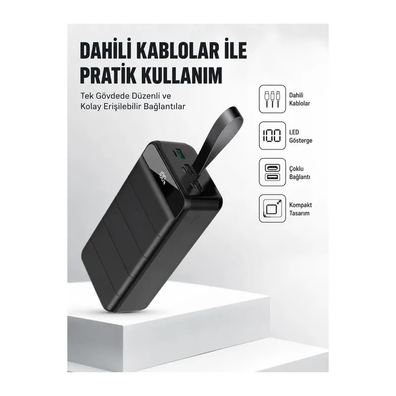 50.000 mAh Kapasiteli Powerbank – Hızlı Şarj Destekli, 4 USB Portlu, LED Işıklı Taşınabilir Enerji Deposu