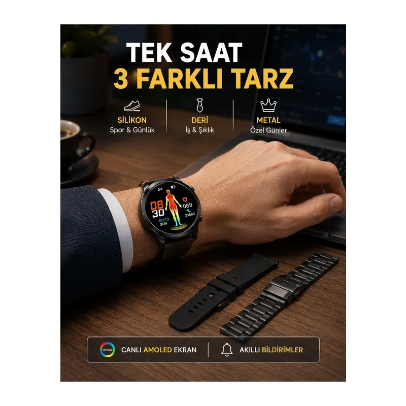 AMOLED Ekranlı Akıllı Saat – 3 Kordon Seçenekli, Suya Dayanıklı, Kalp Atış ve Uyku Takip Özellikli
