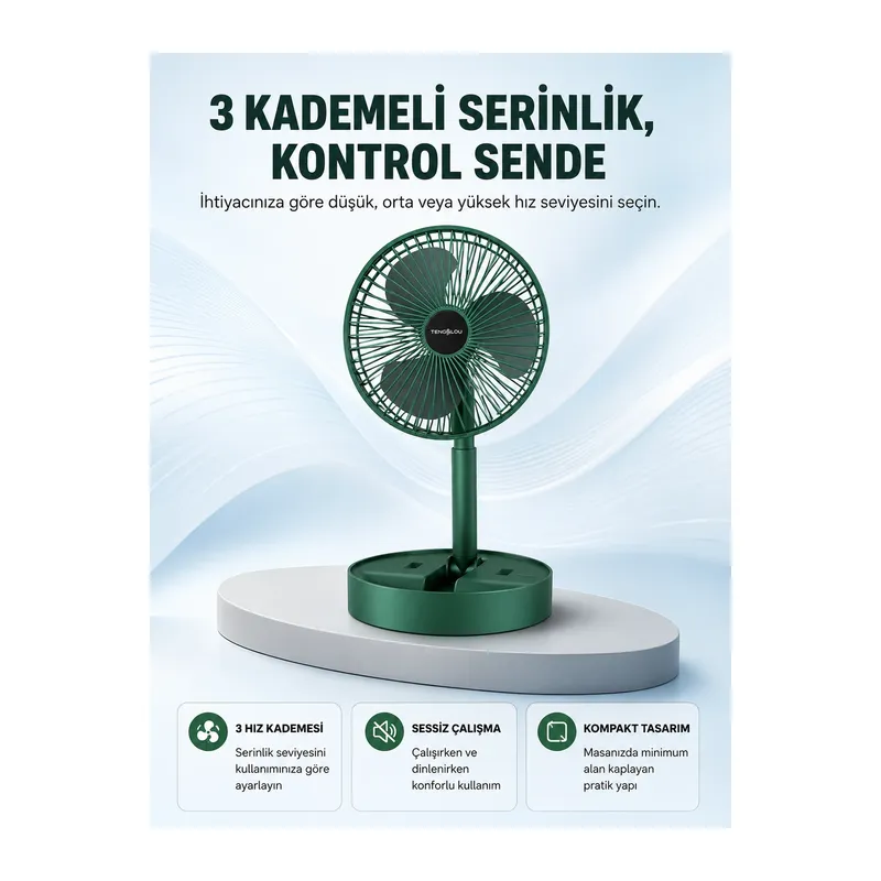 Taşınabilir Katlanabilir Mini Fan 3 Kademeli Şarj Edilebilir