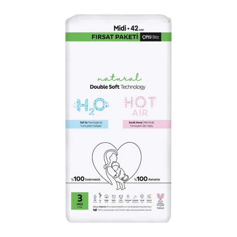 Natural Double Soft Bebek Bezi Fırsat Paketi 3 Beden 42 Adet