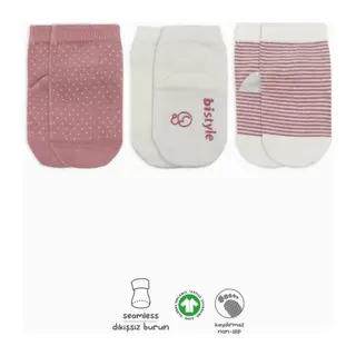 Puanlı Kaymaz Penye Soket Çorap 3'Lü BS10108 Pudra