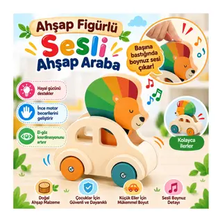 Ahşap Figürlü Sesli Ahşap Araba