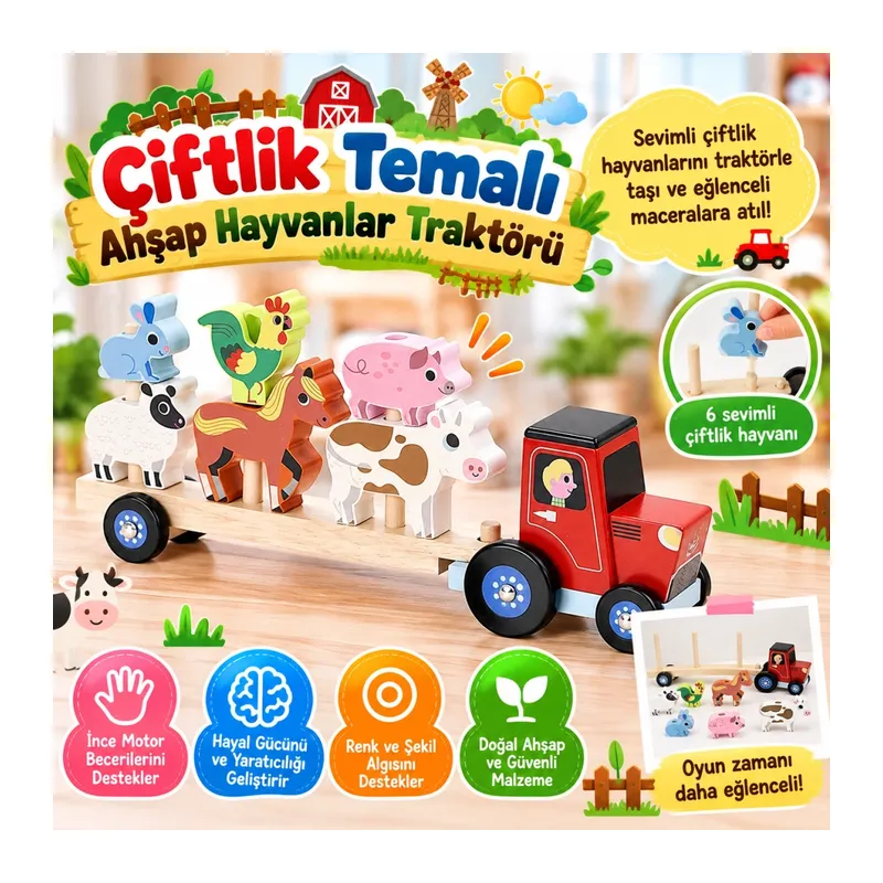 Çiftlik Temalı Ahşap Hayvanlar Traktörü