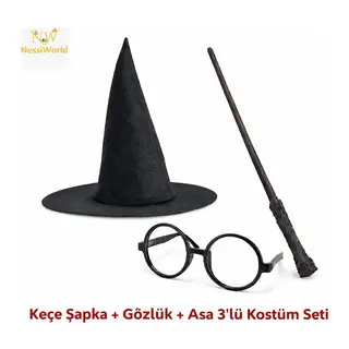 Çocuk Seti (Siyah Keçe Şapka, Asa, Gözlük)