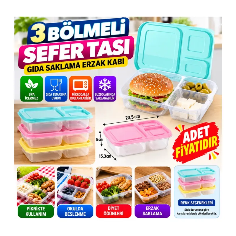 3 Bölmeli Sefer Tası Pratik Kolay Gıda Diyet Saklama Erzak Kabı (adet fiyatıdır)