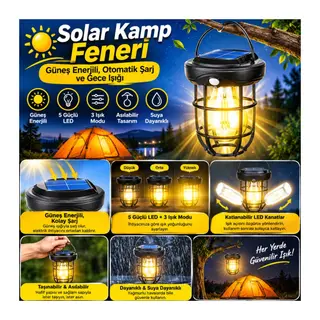 Solar Kamp Feneri – Güneş Enerjili, Otomatik Şarj ve Gece Işığı, Taşınabilir ve Asılabilir LED Dış Mekan Lamba