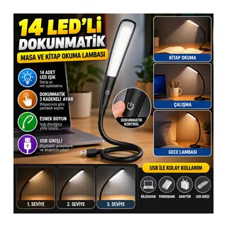 USB Girişli 14 Ledli 3 Kademeli Dokunmatik Masa/Kitap Okuma Lambası Ledi Siyah