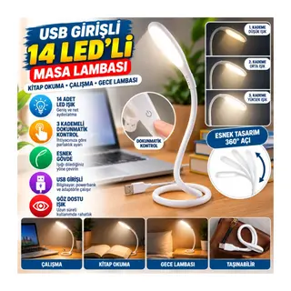 USB Girişli 14 Ledli 3 Kademeli Dokunmatik Masa/Kitap Okuma Lambası Ledi Beyaz