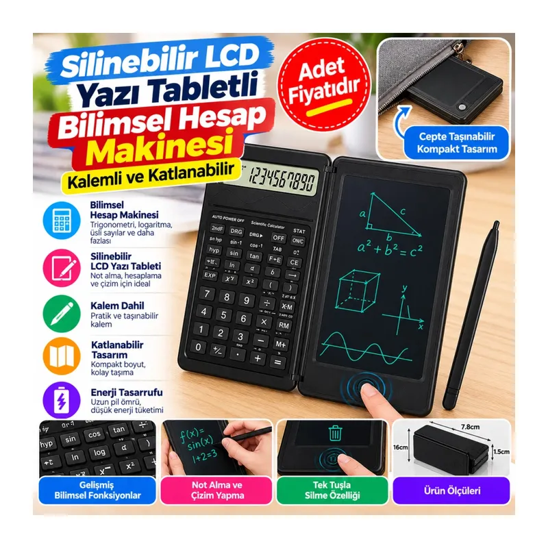 Silinebilir LCD Yazı Tabletli,Kalemli Katlanabilir Bilimsel Hesap Makinesi