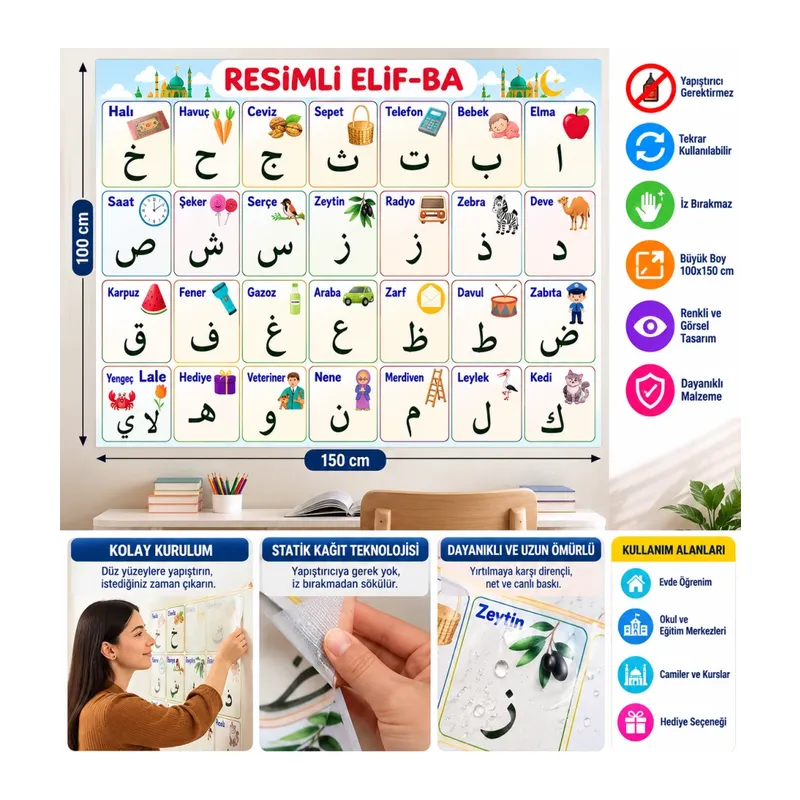 70x100 cm Statik Kağıt Elif-Ba Öğrenme Tahtası